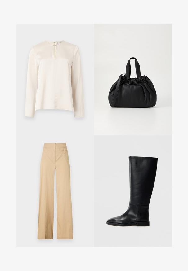 Cremfarbene Bluse mit langen Ärmeln und rundem Ausschnitt, mit Faltendetail vorne und einem verdeckten Reißverschluss auf der Rückseite. Glatte, seidenartige Textur.; Beige weite Hosen aus Baumwollmischgewebe. Sie haben eine glatte Textur, einen elastischen Bund und eine seitliche Knopfdetail.; Schwarze Lederstiefel bis zum Knie mit runder Zehenform, glatter Textur, minimalistischem Design und flacher Sohle. Einfache Nahtdetails am Schaft.; Schwarze Lederhandtasche mit einem gerafften Oberteil, ausgestattet mit zwei kurzen Griffen und einem langen verstellbaren Schulterriemen. Glatte Textur, runde Form.