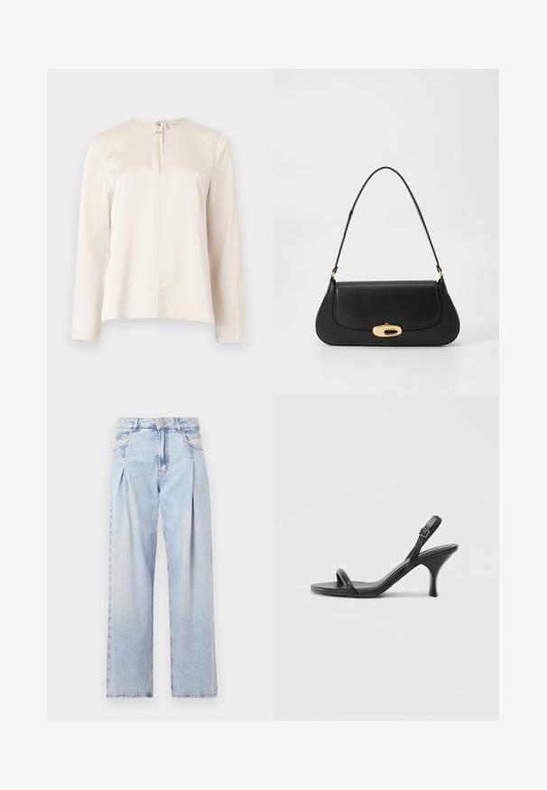 Bluză crem cu mânecă lungă, decolteu rotund, detaliu pliu frontal și închidere cu fermoar ascuns la spate. Textură netedă, asemănătoare mătasei.; Jeans din denim albastru deschis cu talie înaltă, croială evazată, două buzunare laterale și un design pliat. Textură moale cu un finisaj decolorat.; Sandale cu toc înalt din piele neagră, cu un toc subțire și curbat și un design cu curea încrucișată. Curea la gleznă ajustabilă. Textură netedă.; Geantă de mână din piele neagră, cu un design curbat, accesorii de culoare aurie și un mâner de sus. Dispune de o închidere elegantă și o textură netedă.