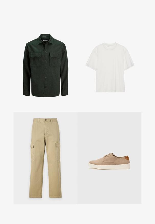 Mørkegrønn flanellskjorte med to brystlommer, knappefront og spiss krage. Myk tekstur og lange ermer, minimal hardware.; Hvit bomulls T-skjorte med korte ermer, rund hals og kontrastfargede sømmer rundt halsen og ermene.; Beige cargo bukser laget av bomull, med to sidelommer, knappelukking, og rette ben med et lett strukturert stoff.; Beige semskinnsko med rund tå, snøring foran og en teksturert bakre aksent. Hvit gummisåle gir kontrast. Enkelt og moderne design.