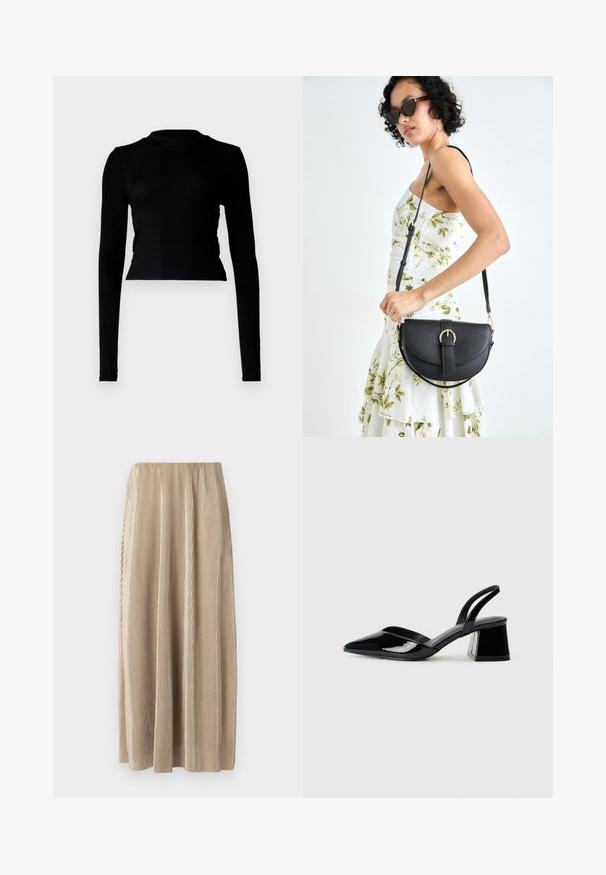Top cropped de manga longa preto em textura canelada, com decote alto e design ajustado. Estilo minimalista sem padrões ou acentos visíveis.; Saia midi plissada bege com cintura elástica, apresentando riscas verticais e uma silhueta fluida para maior liberdade de movimento.; Sandy em verniz preto com salto slingback, ponta afilada e salto geométrico. Apresenta um design elegante e minimalista com textura suave.; Bolsa de couro preta com forma curva, alça destacável e detalhes em dourado. A bolsa possui uma aba com detalhe de fivela.