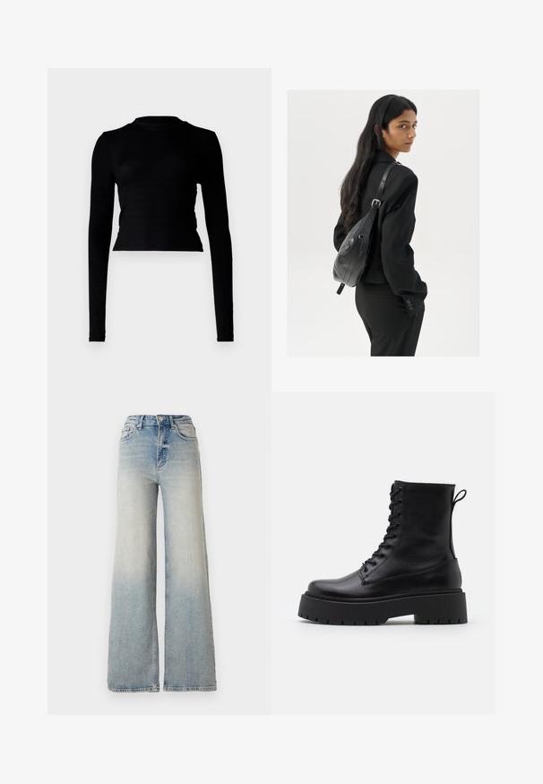 Must mustaööde pikka varrukaga crop-top ribakanga tekstuuriga, millel on kõrge kaelus ja vormi järgnev disain. Minimalistlik stiil, ilma nähtavate mustrite või aksessuaarideta.; Heledad sinine laia säärega teksapüksid, mis on valmistatud denimist, kõrge vöökoht, viis taskut ja nähtav õmblemine õmbluste ääres.; Mustad mustad nahast pahkluu saapad ümarate varvastega, nööridega esiosas ja paksu kummist talla ning tekstuuritud mustriga. Tagumine tõmbeaas.; Pikkade tumehaired naine mustas ülikonnas, kandes musta nahast õlakotti, vaatab üle õla valge tausta taustal.