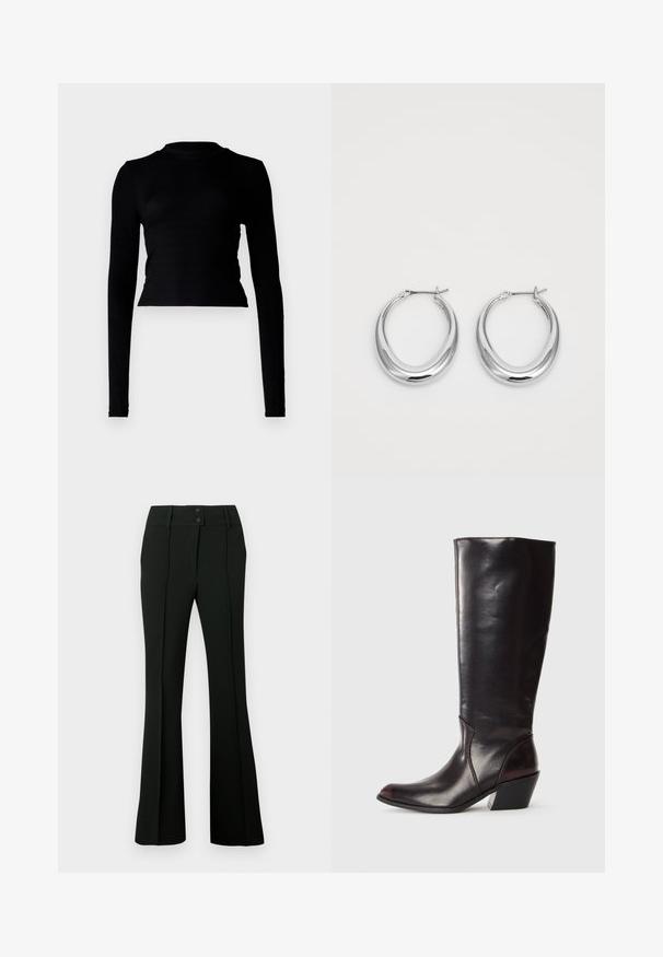 Črn dolgi rokav, skrajšan top z rebrasto teksturo, ki ima visok ovratnik in prilegajoč dizajn. Minimalističen slog brez vidnih vzorcev ali dodatkov.; Črne hlače z razširjenimi hlačnicami iz gladkega blaga, z visokim pasom z dvema gumboma in sprednjimi gubami, ki ustvarjajo krojen videz.; Čizmice iz temno rjave usnje, do kolen, z ostrim nosom, pravokotnim blokastim petam in gladko, sijočo teksturo. Imajo čist dizajn in podrobnosti šivanja.; Par srebrne polirane obroče v obliki lune z zankami na belem ozadju.