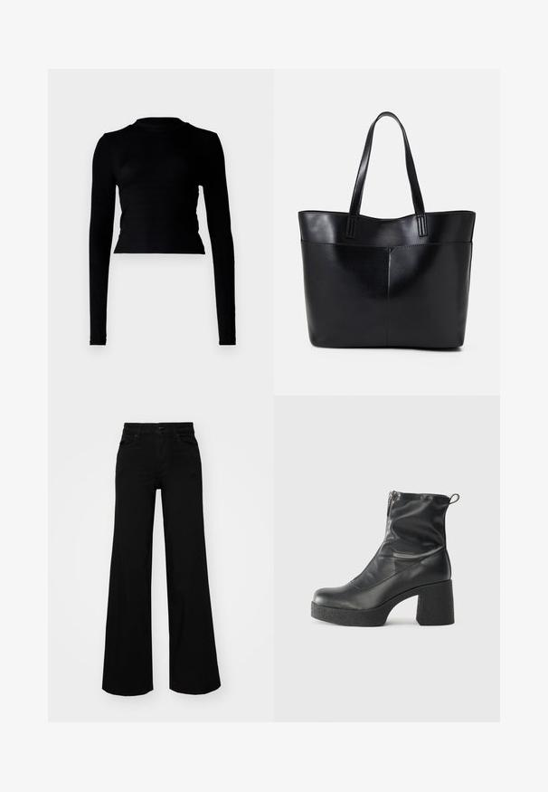 Black long-sleeve crop top in ribbed texture, featuring a high neckline and fitted design. Minimalist style with no visible patterns or accents.; Black wide-leg pants made of denim, featuring a structured waistband, belt loops, and front pockets. Smooth texture with a classic design.; Black ankle boots made of smooth leather, featuring a side zipper, chunky textured heel, and rounded toe design.; Black leather tote bag with two long handles, a smooth texture, and a structured shape. Features a front pocket for additional storage.