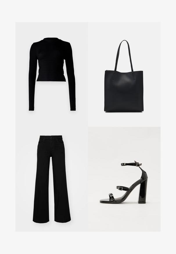 Black long-sleeve crop top in ribbed texture, featuring a high neckline and fitted design. Minimalist style with no visible patterns or accents.; Black wide-leg pants made of denim, featuring a structured waistband, belt loops, and front pockets. Smooth texture with a classic design.; Black patent heeled sandals with a square toe, ankle straps, and silver buckles. Features a chunky block heel for stability.; Black leather tote bag with smooth texture, rectangular shape, and two long handles. No visible hardware or embellishments.