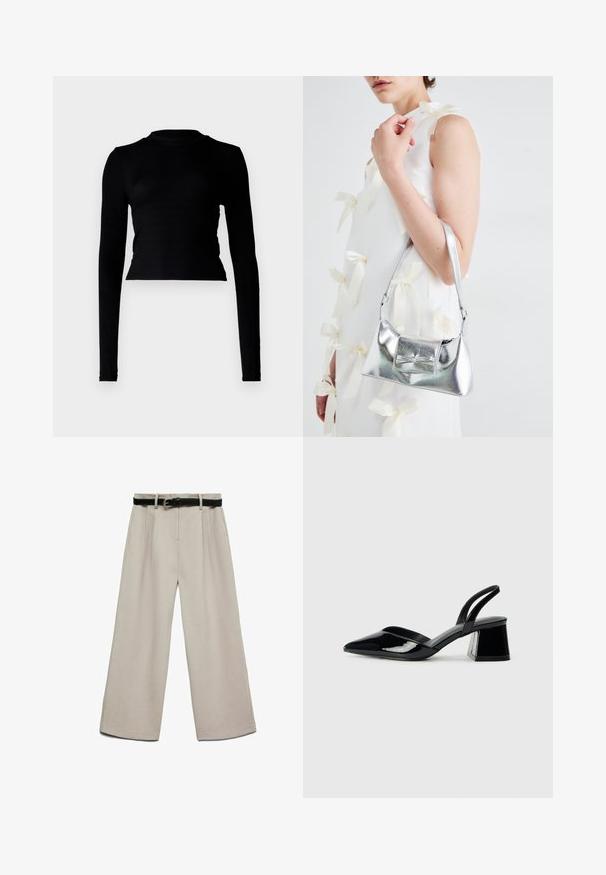 Black long-sleeve crop top in ribbed texture, featuring a high neckline and fitted design. Minimalist style with no visible patterns or accents.; Wide-leg beige trousers with a smooth texture, pleated front, and a black belt featuring a silver buckle for closure.; Black patent leather slingback heels with a pointed toe and a geometric block heel. Features a sleek, minimal design and smooth texture.; Silver metallic handbag with a structured shape, featuring a top handle and bow detail on the front. Smooth texture, reflective finish.