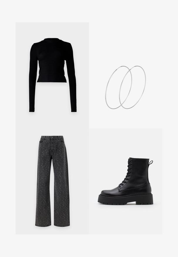 Juodas ilgomis rankovėmis trumpas viršus, pagamintas iš grublėtos medžiagos, su aukštu kaklu ir prigludusia forma. Minimalistinio stiliaus, be matomų raštų ar akcentų.; Noisy May NMJANNEL LOOSE - Laisvo kirpimo džinsai - black denim; Juodos odinės aulinukės su apvalia nosimi, raišteliais priekyje ir storesniu guminio pado apačioje su tekstūruotu raštu. Priekyje yra kilputė.; Sidabrinės pusmėnulio auskarai minimalistiniu dizainu. Apskritimo forma, lygus paviršius ir plonas profilis. Lengvi su poliruotu apdailu.