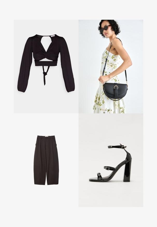 Crni kratki top s dugim napuhanim rukavima, dizajnom s uvijenim prednjim dijelom i otvorenim leđima. Ima kravatu u struku i glatku, rastezljivu tkaninu.; Crne široke hlače napravljene od glatke tkanine, s visokim strukom, prednjim nabranjima i bočnim džepovima. Jednostavan dizajn bez ukrasa.; Crne lakirane sandale na pete sa kvadratnim nosom, trakama oko gležnja i srebrnim kopčama. Imaju čvrst blok petu za stabilnost.; Crna kožna torba s lukovitim oblikom, odvojivim remenom i zlatnim detaljima. Torba ima preklop s kopčom.