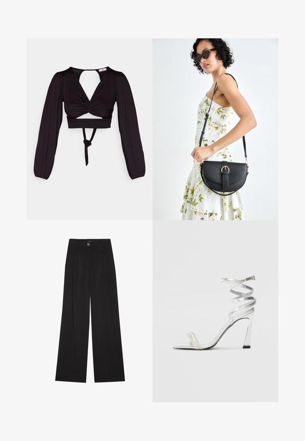 Top cropped preto com mangas longas e bufantes, design frontal torcido e costas abertas. Apresenta um laço na cintura e um tecido liso e elástico.; Calças largas pretas com pregas, apresentando um fecho de botão e dois bolsos laterais; textura suave com um design ajustado.; Sandalha de salto alto prateada com um design de tira brilhante, apresentando um detalhe semelhante a uma pérola e uma tira de tornozelo espiralada para um ajuste seguro.; Bolsa de couro preta com forma curva, alça destacável e detalhes em dourado. A bolsa possui uma aba com detalhe de fivela.