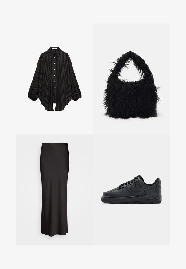 Zwart gestreept shirt met een kraag, knoopsluiting aan de voorkant en luchtige mouwen. Heeft dunne verticale lijnen en een losse pasvorm.; Zwarte, vloerlange satijnen rok met een gladde textuur, een aansluitende tailleband en een A-lijn silhouet, zonder zichtbare versieringen of patronen.; Zwarte leren sneakers met geperforeerde neus, platte veters en rubberen zool. Voorzien van een klein logo aan de zijkant en gestructureerde details.; Even&Odd Shopper - black