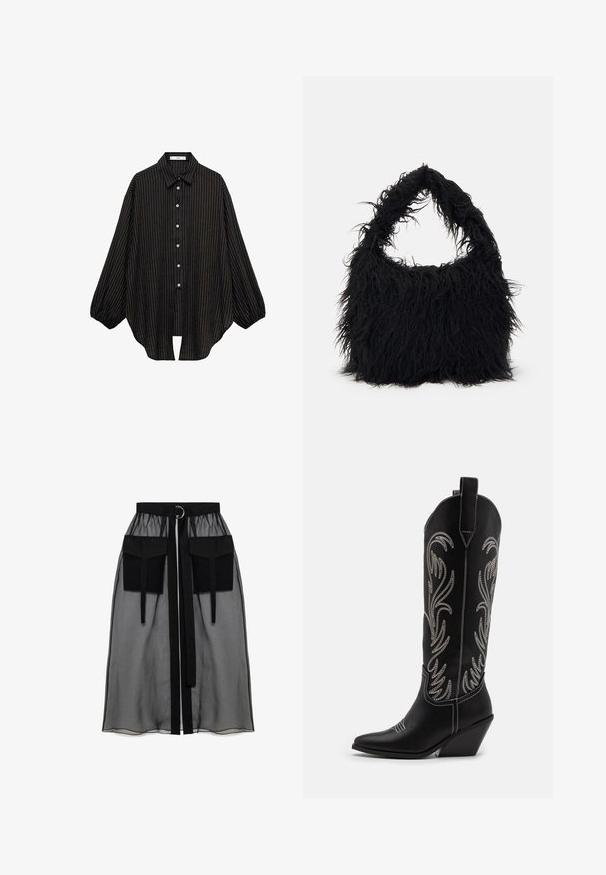 Chemise rayée noire avec un col, un devant à boutons et des manches amples. Présente de fines lignes verticales et une silhouette décontractée.; Jupe noire transparente avec une taille froncée, dotée de deux grandes poches avant, d'une ceinture à nouer et d'un accent en métal circulaire.; Bottes de cowboy noires en cuir avec des pointes effilées, des talons compensés et des motifs floraux brodés en argent le long du tige. Couture contrastante sur l'ensemble.; Even&Odd Cabas - black