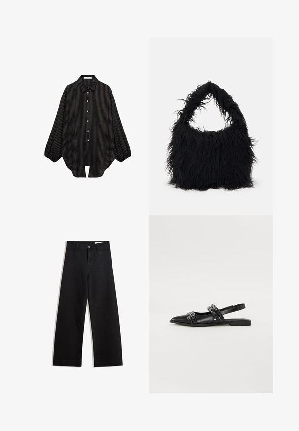Crna prugasta košulja s ovratnikom, gumbima sprijeda i širokim rukavima. Ima tanke vertikalne linije i labav kroj.; Crne široke traperice s visokim strukom, s prednjim i stražnjim džepovima, šivenim šavovima i kopčanjem na gumb. Glatka tekstura.; Even&Odd Balerinke - black; Even&Odd Velika torba - black