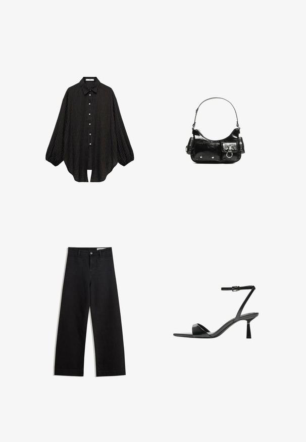 Črna prugasta srajca s ovratnikom, gumbom spredaj in napihnjenimi rokavi. Ima tanke vertikalne črte in ohlapen kroj.; Črne široke denim hlače z visokim pasom, ki imajo sprednje in zadnje žepe, šivane šive ter gumbasto zapiranje. Gladka tekstura.; Bershka Sandali z visoko peto - black; Črna lakasta usnjena torbica s ukrivljeno obliko, enim ramenskim trakom, sprednjimi žepi in srebrnimi kovinskimi dodatki.