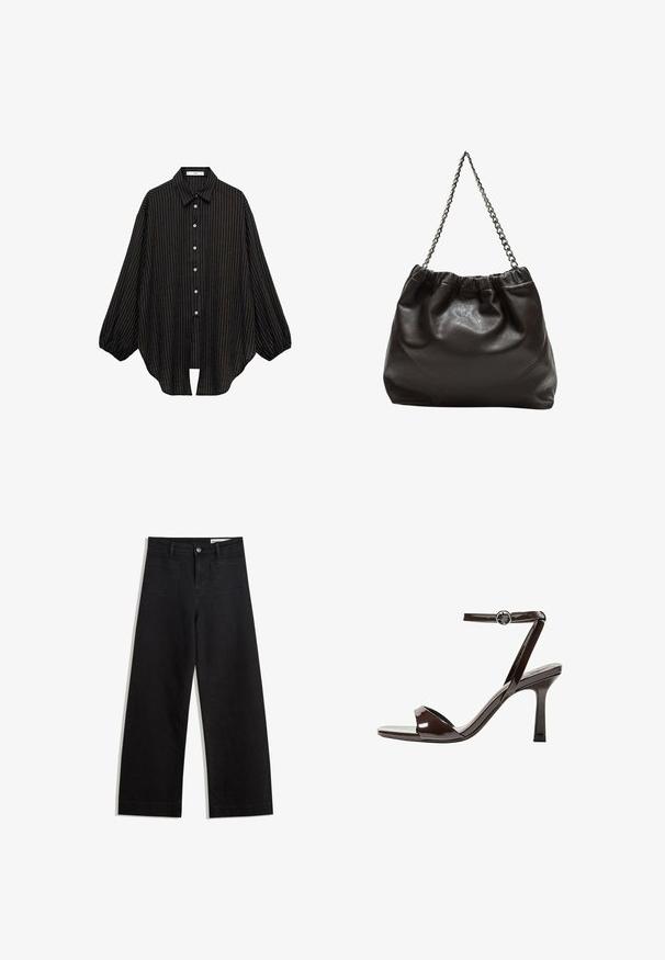 Schwarz gestreiftes Hemd mit Kragen, Knopfleiste und lockeren Ärmeln. Es hat dünne vertikale Linien und eine lockere Silhouette.; Schwarze weit geschnittene Jeans mit hoher Taille, ausgestattet mit Vorder- und Hintertaschen, gesteppten Nähten und einem Knopfverschluss. Glatte Textur.; Braune Lackleder-High-Heelsandale mit einem Knöchelriemen, offener Zehenpartie und einem schlanken, minimalistischen Design. Verfügt über einen quadratischen Absatz.; Braune Lederhandtasche mit gerafftem Oberteil und Kettenriemen. Glatte Textur mit glänzendem Finish und subtilen Nahtdetails an den Seiten.