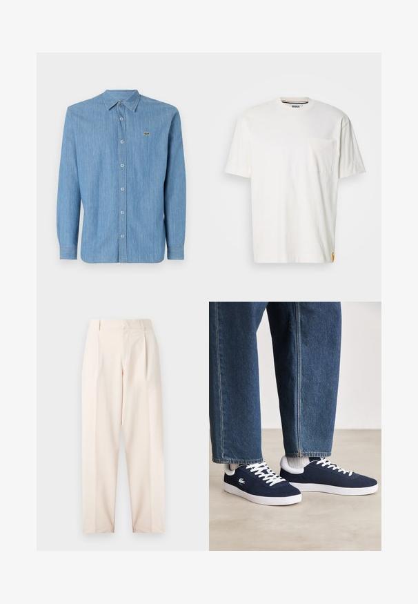 Jasnoniebieska koszula dżinsowa z kołnierzykiem zapinanym na guziki, długimi rękawami i małym haftowanym logo na lewej piersi. Posiada zapięcie na guziki z przodu.; Biała bawełniana koszulka z okrągłym dekoltem, krótkimi rękawami i kieszonką na lewej piersi. Wyposażona w małą metkę z logo na bocznej szwie.; Beżowe spodnie w kant o wysokim stanie, z zakładkami i prostym krojem nogawki. Wykonane z gładkiego materiału, z bocznymi kieszeniami i starannym wykończeniem.; Niebieskie płócienne sneakersy z białymi sznurowadłami i gumowymi podeszwami, wyeksponowane z dżinsowymi spodniami i szarymi skarpetkami prążkowanymi, na jasnoszarym podłożu.