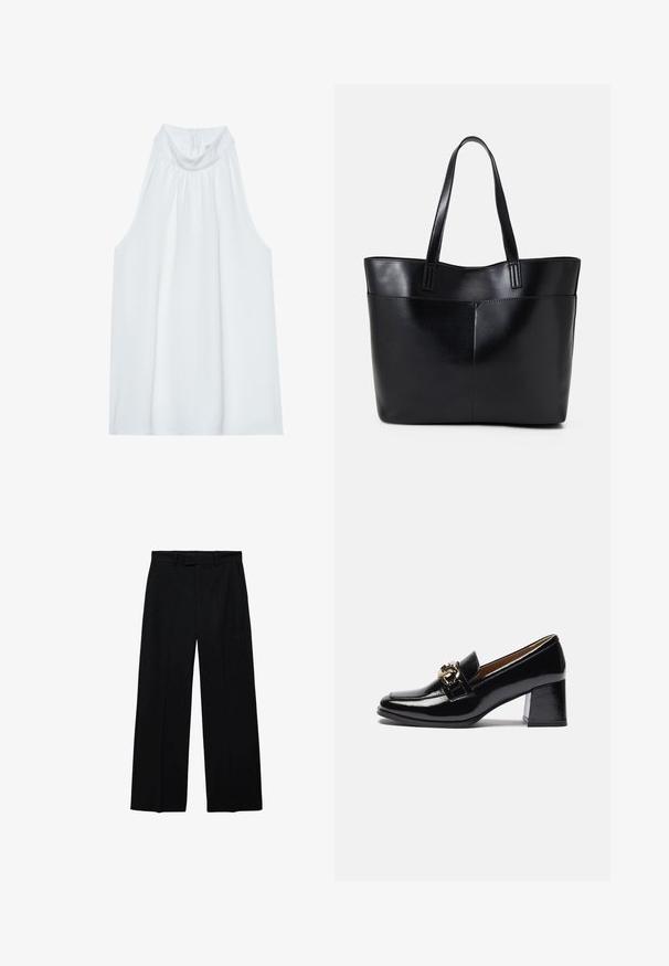 White sleeveless top with a high neck, featuring soft fabric, gathered detailing at the neckline, and a concealed zipper at the back.; Black high-waist wide-leg trousers with belt loops and side pockets, featuring a front zip and button closure.; Black patent leather heeled loafers featuring a rounded toe, chunkier heel, and a gold-tone hardware accent on the front strap.; Black leather tote bag with two long handles, a smooth texture, and a structured shape. Features a front pocket for additional storage.; Two intertwined rings made of polished silver metal, featuring smooth, curved shapes with glossy surfaces and reflective highlights.