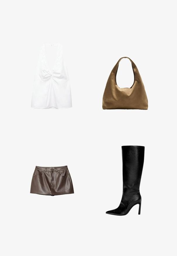 Weißes ärmelloses Oberteil mit tiefem V-Ausschnitt und Knoten-Detail in der Mitte, aus glattem Stoff und mit lässiger Passform.; Brauner Leder-Minirock mit glatter Textur, Gürtelschlaufen, Vordertaschen und einem Knopfverschluss an der Taille.; Knöchelhoher schwarzer Lederstiefel mit spitzem Zeh, hohem Stöckelabsatz, glatter Oberfläche und einem einfachen, eleganten Design ohne Verzierungen.; Braune Stoffschultertasche mit einem breiten, runden Körper und einem großen Ausschnittgriff. Sanfte Textur, minimalistisches Design und keine sichtbaren Beschläge.