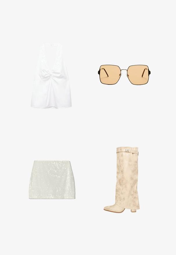 Weißes ärmelloses Oberteil mit tiefem V-Ausschnitt und Knoten-Detail in der Mitte, aus glattem Stoff und mit lässiger Passform.; Bershka A-Linien-Rock - white; Knielange cremefarbene Stiefel aus synthetischem Leder mit dezentem Glanz, strukturiertem Finish, Blockabsatz und einem Riemen mit metallischem Verschluss oben.; Quadratische Sonnenbrillen mit braunen Gläsern und einem dünnen schwarzen Metallrahmen. Verfügt über schräg gestaltete Bügel und verstellbare Nasenpads für zusätzlichen Komfort.; Schwarze geflochtene Schultertasche mit einem glatten Ledertragegurt und Reißverschluss. Verfügt über eine strukturierte Oberfläche und eine gebogene Form.