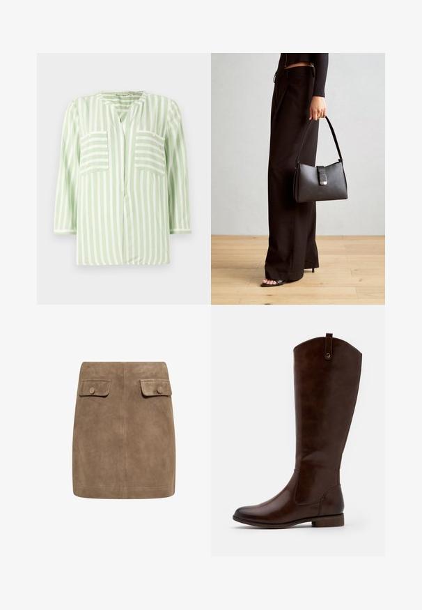 Svītrainā krekla gaisā zaļā un baltā krāsā, ar iegrieztu apkakli, divām priekšējām kabatām un trim ceturtdaļdizaina piedurknēm. Gluda auduma tekstūra.; Brūns zamšs mini svārki ar gludu tekstūru, ieguvuši divas priekšējās kabatas ar vāciņiem un pogu aizdare katrā pusē. Vienkāršs, taisns dizains.; Brūni līdz ceļiem zābaki, kas izgatavoti no gludas ādas, ar noapaļotu purngalu, zemu sakrautu papēdi un smalku šuvju rakstu gar sāniem.; Melnā somiņa ar strukturētu formu, gludu tekstūru un metālu sprādzi. Saskaņota ar platām melnām biksēm un sandālēm ar atvērtu purngalu uz koka grīdas.