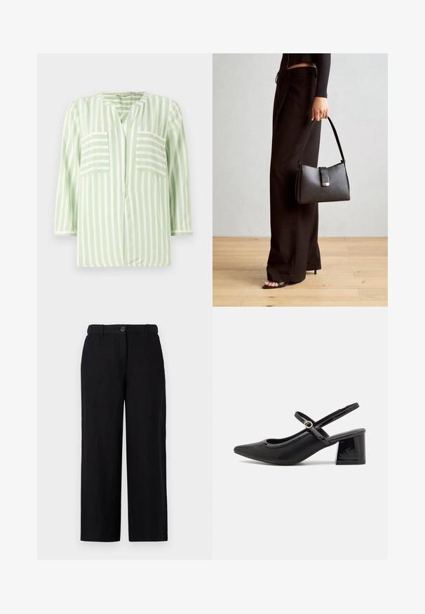 Gestreiftes Hemd in Hellgrün und Weiß, mit einem Schlitzkragen, zwei vorderen Taschen und drei Viertelärmeln. Glatte Stofftextur.; Schwarze, weite Hosen aus einem leichten Stoff, mit einem vorderen Knopfverschluss und Gürtelschlaufen. Glatte Textur ohne sichtbare Muster.; Schwarze Lackleder-Slingback-Absätze mit spitzer Zehenform, einem runden Ausschnitt-Design und einem Blockabsatz. Mit einem goldfarbenen Schnallenakzent.; Schwarze Handtasche mit strukturierter Form, glatter Textur und einem metallischen Verschluss. Kombiniert mit weiten schwarzen Hosen und offenen Sandalen auf einem Holzboden.