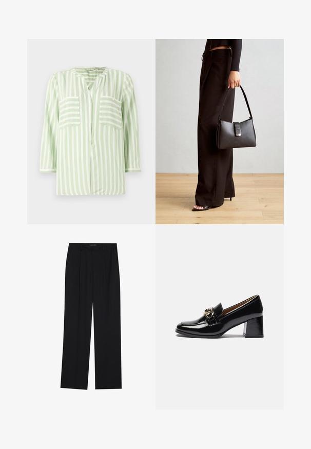 Svītrainā krekla gaisā zaļā un baltā krāsā, ar iegrieztu apkakli, divām priekšējām kabatām un trim ceturtdaļdizaina piedurknēm. Gluda auduma tekstūra.; Melni bikses ar taisnu kāju dizainu, kurām ir divi priekšējie kabatas un jostasvieta. Izgatavotas no gludas, vieglas auduma.; Melnas lakotu ādu zābaki ar papēdi, ar noapaļotu purngalu, masīvāku papēdi un zelta toņa metāla akcentu priekšējā siksniņā.; Melnā somiņa ar strukturētu formu, gludu tekstūru un metālu sprādzi. Saskaņota ar platām melnām biksēm un sandālēm ar atvērtu purngalu uz koka grīdas.