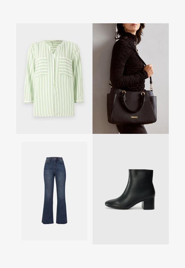 Camisa a rayas en verde claro y blanco, con cuello de muesca, dos bolsillos frontales y mangas de tres cuartos. Textura de tela suave.; Anna Field Vaqueros a campana - blue wash; Botas de cuero negras hasta el tobillo con una punta afilada y un tacón grueso. Textura lisa con acentos mínimos y un diseño elegante y ajustado.; Bolso negro con superficie texturizada, doble asa superior y correa para hombro ajustable. Presenta herrajes en tono dorado y bolsillos laterales.