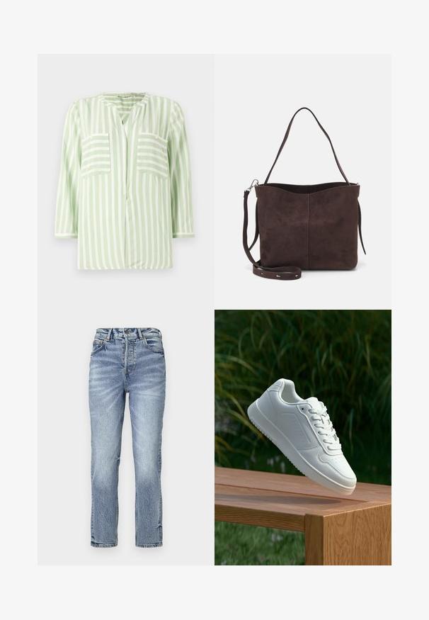 Camisa riscada em verde claro e branco, com colarinho em forma de notch, dois bolsos frontais e mangas de três quartos. Textura de tecido suave.; Jeans de ganga azul claro com corte reto, cintura alta, textura desbotada e cinco bolsos. Apresenta fecho de botão metálico e zip.; Sapatilha branca com um cabedal sintético liso, caixa dos dedos perfurada, atacadores planos e uma sola texturizada, exposta sobre uma superfície de madeira.; Saco tote em camurça castanha com uma textura suave, apresentando uma única alça de ombro e uma abertura superior levemente curvada. Sem detalhes de hardware visíveis.
