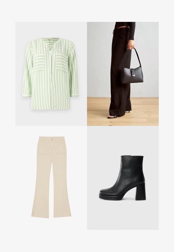 Pruhovaná košile ve světlé zelené a bílé barvě, s výstřihem do "V", dvěma předními kapsami a tříčtvrtečními rukávy. Hladká textura látky.; Béžové zvonové kalhoty s vysokým pasem, vyrobené z bavlněné tkaniny. Obsahují přední a zadní kapsy, poutka na opasek a jeden stříbrný knoflík.; Černý kožený kotníkový bot s blokovým podpatkem a platformou, viděný z boku na jednoduchém bílém pozadí.; Černá kabelka se strukturovaným tvarem, hladkým povrchem a kovovým uzávěrem. Kombinována s širokými černými kalhotami a sandály s otevřenou špičkou na dřevěné podlaze.