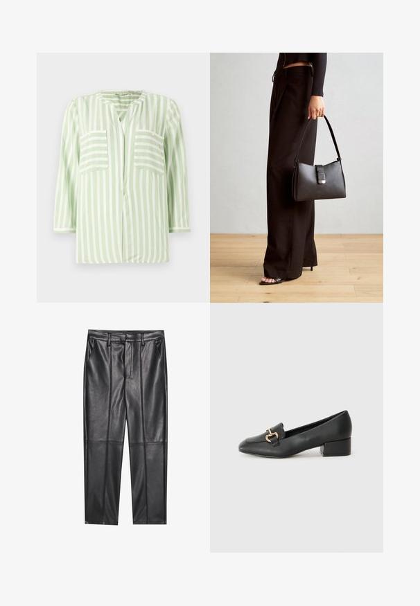 Gestreept shirt in lichtgroen en wit, met een notch-kraag, twee voorzakken en driekwartmouwen. Glad stofoppervlak.; Zwarte leren broeken met een gladde textuur, voorzien van een rechte pasvorm, twee voorzakken en zichtbare naaddetail.; Zwarte lederen instappers met een platte hak, met een decoratieve gouden hardware detail aan de voorkant en een gladde textuur.; Zwarte handtas met gestructureerde vorm, gladde textuur en een metalen sluiting. Gecombineerd met brede zwarte broeken en sandalen met open teen op een houten vloer.