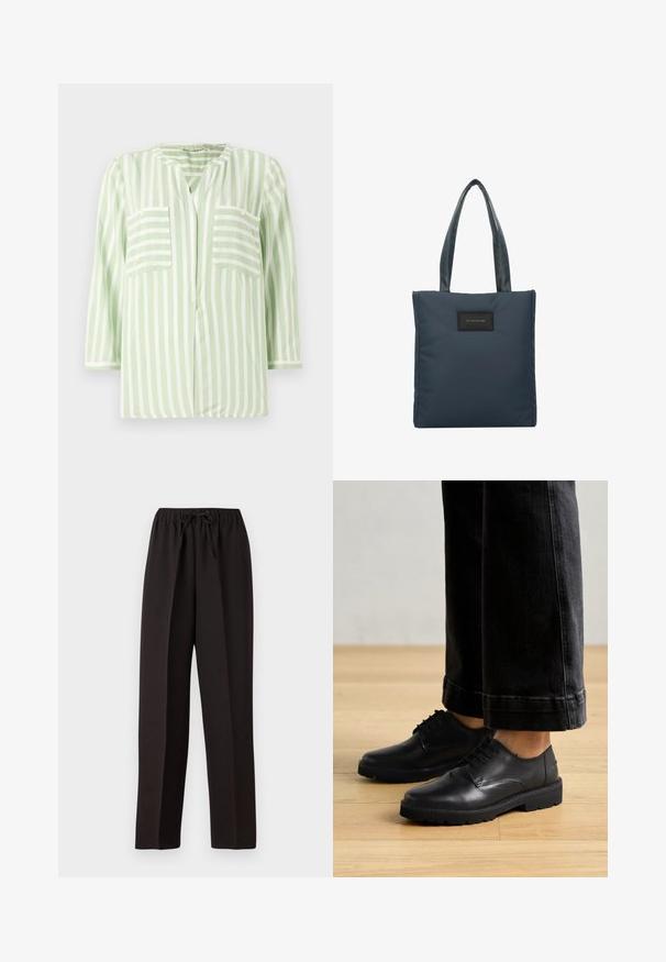 Camicia a righe verde chiaro e bianco, con colletto a scollo a V, due tasche frontali e maniche tre quarti. Tessuto dalla trama liscia.; Pantaloni neri a gamba larga con cintura elastica e cordoncino regolabile. Realizzati in un tessuto leggero e liscio senza motivi visibili.; Scarpe in pelle nera stringate con una texture liscia, punta rotonda e suola in gomma spessa, abbinate a jeans scuri cropped.; Borsa a tracolla blu navy realizzata in nylon liscio, con due manici texturizzati e una patch rettangolare nera con logo sul fronte.