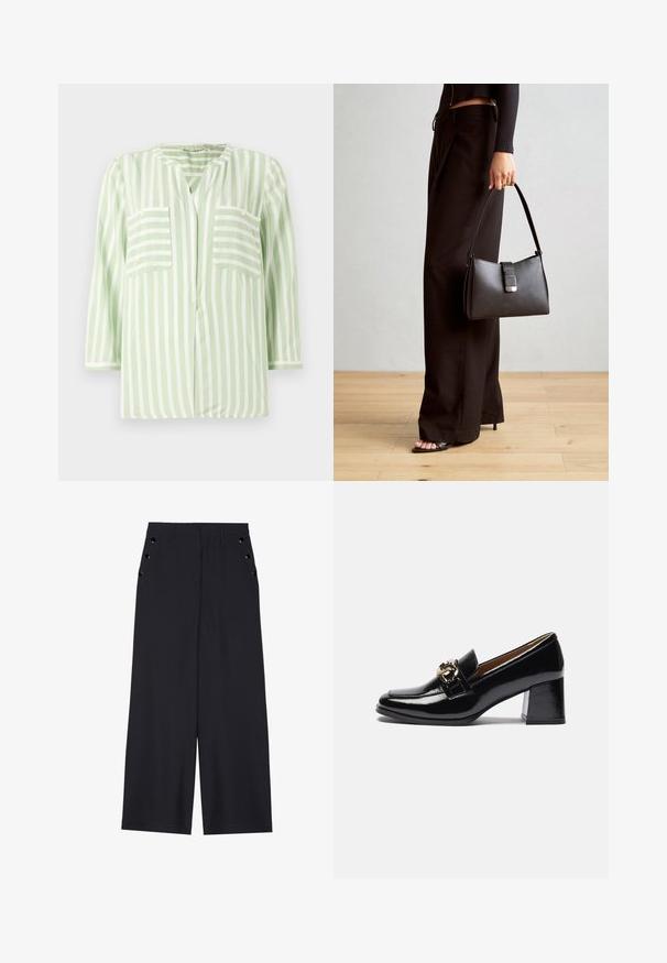 Camicia a righe verde chiaro e bianco, con colletto a scollo a V, due tasche frontali e maniche tre quarti. Tessuto dalla trama liscia.; Pantaloni a gamba larga in tessuto blu scuro, con una superficie liscia, pieghe frontali e occhielli decorativi in tono oro sui taschini laterali.; Mocassini neri in vernice con tacco, caratterizzati da una punta arrotondata, un tacco più robusto e un'imbellitura in metallo dorato sulla fascia anteriore.; Borsa nera con forma strutturata, texture liscia e una chiusura metallica. Abbinata a pantaloni neri larghi e sandali open-toe su un pavimento in legno.