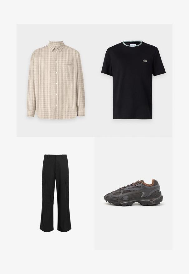 Valkoinen kauluspaita vaaleanbeigessä, jossa on ruutukuosi, pitkähihaiset hihat, rintatasku ja normaali kauluksen muoto.; Mustat puuvillapaidat, joissa on pyöreä kaula-aukko, valko-vihreä raidallinen reuna ja brodeerattu vihreä krokotiililogo vasemmassa rinnassa.; Mustat cargo-housut kevyestä kankaasta, rentoa istuvuutta, joissa on kaksi suurta sivutaskua ja nappikiinnitys.; Lacoste-tennar i mörkgrått med nät- och syntetmaterial, med en texturerad sula och bruna accenter på kragen och märket.