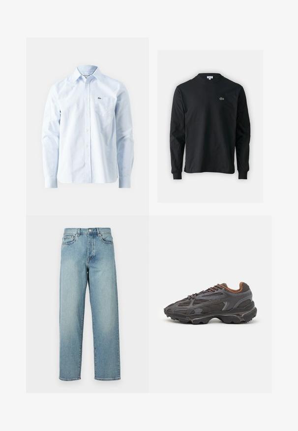 Camisa de vestir de rayas azul claro de algodón, con cuello abotonado, mangas largas y un pequeño logo bordado en el bolsillo del pecho.; Camiseta de manga larga negra de algodón, con escote redondo y un pequeño logo de cocodrilo bordado en verde en el lado izquierdo del pecho.; Jeans de mezclilla azul claro con un corte amplio, piernas rectas, diseño de cinco bolsillos y cierre de botón en la cintura. Detalle de costura minimalista.; Zapatillas Lacoste en gris oscuro con material de malla y sintético, que cuentan con una suela texturizada y detalles en marrón en el cuello y la marca.