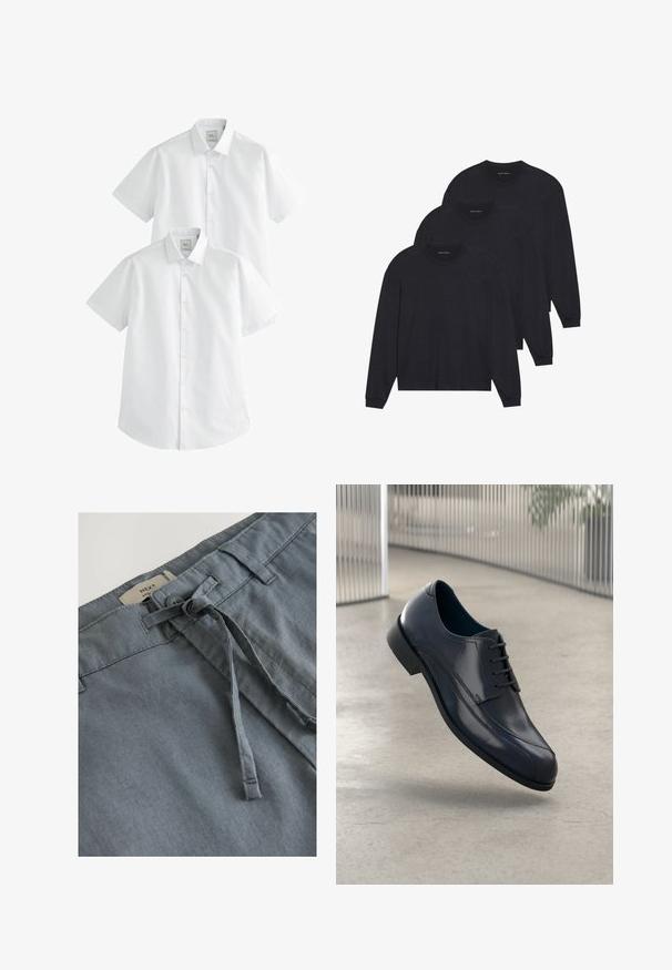 Weiße kurzärmlige Hemden im Doppelpack, mit Button-Down-Kragen und einer glatten Baumwolltextur, die für die Freizeitgestaltung konzipiert sind.; Drei schwarze Langarmshirts aus weichem Stoff, mit Rundhalsausschnitten und eng anliegenden Ärmeln. Minimalistisches Design ohne sichtbare Muster.; Grau Stoffshorts mit weicher Textur, versehen mit einem knotenförmigen Kordelzug und Gürtelschlaufen. Das Etikett zeigt die Marke "NEXT" am Bund.; Glänzender schwarzer Leder-Dressschuh mit Schnürsenkeln, schwebend über einem glatten, hellgrauen Boden und vertikalen Metallstäben im Hintergrund.