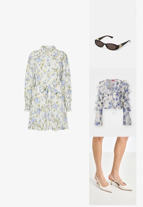 Cras BLOUSE - Bluse - blue; Blumenkleid in Weiß mit blauen und grünen Blumen, mit einem Kragen, durchgehender Knopfleiste, langen Ärmeln mit elastischen Bündchen und einem Taillengürtel.; Beige Lackleder Slingback-Absätze mit spitzem Fuß und 5 cm Absatz, mit ausgeschnittenen Seiten und einem schmalen Knöchelriemen.; Schildpatt-Sonnenbrille mit länglich-ovalen Gläsern, braunem Farbton, goldenen Logo-Akzenten an den Bügeln und schlanken schwarzen Bügeln.; Beige gemusterte Handtasche mit geschwungener Form, Lederakzenten und einem goldfarbenen Logo auf der Vorderseite. Verfügt über einen kurzen Griff für einfaches Tragen.; Perlen- und Kristallhalskette mit einem runden, perlenbesetzten Design in sanften Farbtönen, das abwechselnd Perlen und funkelnde Akzente zeigt, um den Hals getragen.