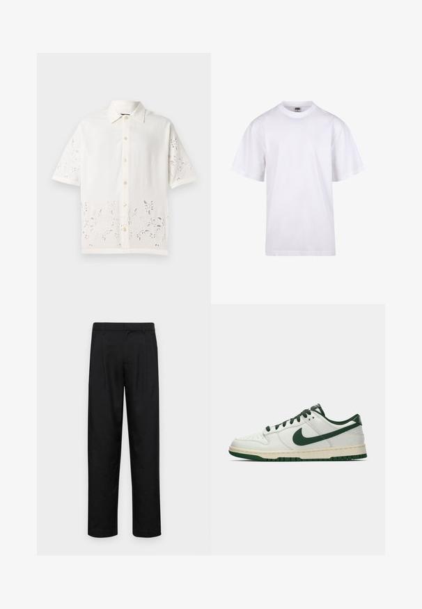 Bela kratka majica z dolgimi rokavi iz lahkega materiala, z gumbnim zapenjanjem spredaj, vezenim cvetličnim vzorcem ob robu in klasičnim ovratnikom.; Bela bombažna majica s krojem na vratu, kratkimi rokavi in ohlapnim fitom. Ima enostaven dizajn brez vzorcev ali dodatkov.; Črne hlače iz gladkega materiala, s krojem ravne noge, dvema sprednjima pregiboma in standardnim pasom z zankami za pas.; Beli nizki športni copat z temno zelenim Nike žigom, vezalnimi trakovi in akcenti na podplatu, prikazan v profilu na praznem belem ozadju.