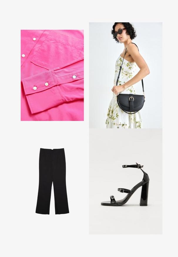 Svetlo ružová košeľa s gombíkmi, ktorá má hladkú štruktúru, s bielymi gombíkmi a náprsním vreckom. Manžety obsahujú dva gombíky s kontrastnou niťou.; Čierne nohavice so strihom rovného strihu, s prednými vreckami a bočnými rozparkami na leme. Vyrobené z mäkkej, hladkej tkaniny. Vhodné na rôzne príležitosti.; Čierne lakované sandále na podpätku so štvorcovou špičkou, navlečenými remienkami okolo členku a striebornými prackami. Disponujú masívnym blokovým podpätkom pre stabilitu.; Čierna kožená kabelka s zaobleným tvarom, odnímateľným popruhom a zlatými doplnkami. Kabelka má klopu s detailom s prackou.