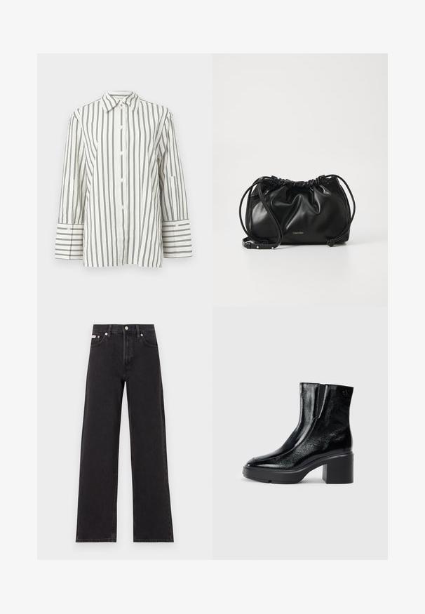 Witte overhemd met verticale zwarte strepen, met een kraag, lange mouwen en een opgevouwen manchet met een contrasterende streepdetail.; Zwarte wijde spijkerbroeken van denim, met een hoge taille, vijf-pocket stijl en een metalen knoopsluiting met contrasterende stiksels.; Zwarte gepatenteerde leren enkellaarsjes met een gebogen neus, elastische zijpanelen en een chunky blokhak. Voorzien van een reliëflogo aan de achterkant.; Zwarte leren handtas met geplooid ontwerp, dubbele trekkoordsluiting en afneembare schouderband. Voorzien van metallic logo detail.