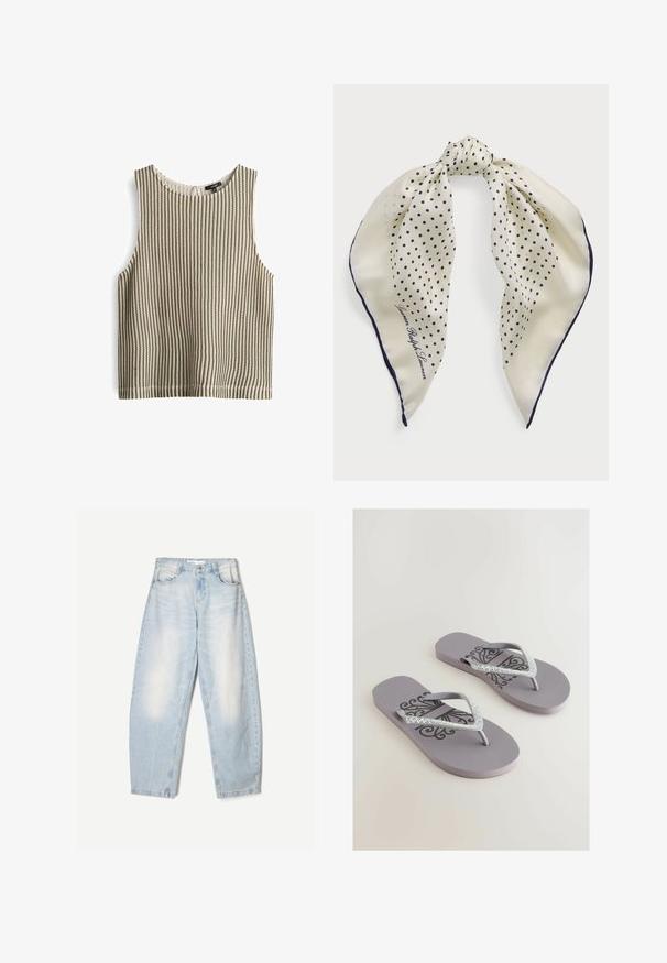 Ärmelloses Stricktop mit ribbed Textur in Grün und Creme. Runder Ausschnitt mit sauberen Abschlüssen. Lässiges, kurzes Design.; Hellblaue Jeans aus Denim mit lockerer Passform, im ausgewaschenen Finish, zwei Fronttaschen und einem Knopfverschluss am Bund.; Graue Flip-Flops mit einem strukturierten Fußbett, versehen mit einem dekorativen schwarzen Muster und funkelnden, mit Strass akzentuierten Riemen in V-Form.; Seidenschal mit einem cremfarbenen Hintergrund und marineblauen Punkten, in der Mitte gebunden; marineblauer Rand; enthält den Text "Lauren Ralph Lauren."; Braune Wildleder-Tote mit runder Form, doppelten Griffen und einem metallischen Hardware-Accessoire. Mit einem kleinen Logo auf der Vorderseite.