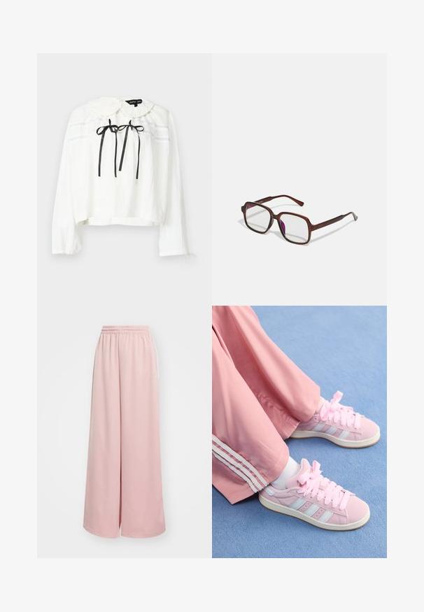 Bijela bluzica dugih rukava s okruglim kragnom, crnim trakama sprijeda i svijetloplavim prugama preko prsnog dijela. Naborana tekstura.; Dugih rukava u bordo boji, izrađen od mekog materijala. Ima okrugli izrez i ravni kroj s malo dužim stražnjim rubom.; Svijetloružične hlače širokih nogavica s elastičnom pasicom. Gladak materijal s bočnim džepovima i suptilnim logotipom na lijevoj nogavici.; Roze atletske tenisice s svijetloplavim prugama, okrugli vrh i debele roze vezice, u kombinaciji s roze trenirkama koje imaju bijele bočne pruge.; Smeđe, pravokutne naočale s prozirnim lećama i ljubičastim nijansama. Glatki plastični okvir sa ravnim skrambljima i suptilnim akcentsima.; Bordo kožna torbica za ruke zaobljenog oblika, sa lancem i kožnom trakom, koja sadrži nabore i zatvaranje na munju sa strane.; Ogrlica s tri sloja koja sadrži zlatne lance, srebrne perle i središnji čvor. Uključuje prilagodljivu kopču.