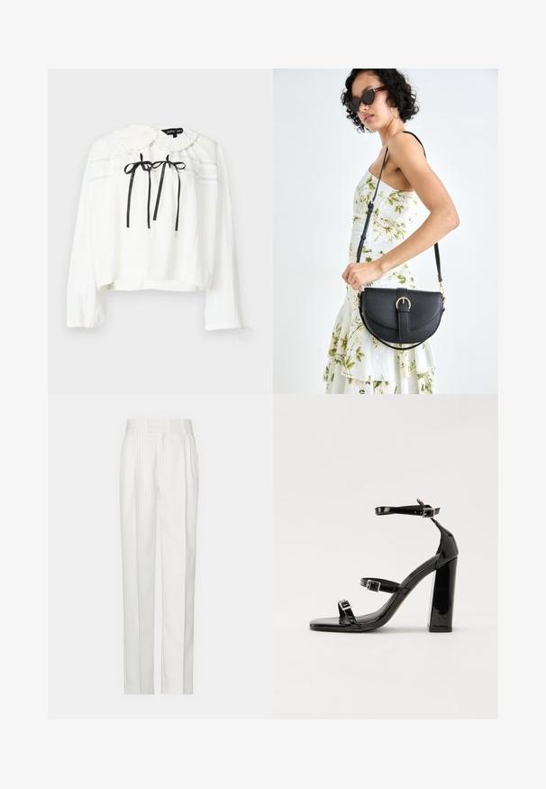 Hvid langærmet bluse med rund krave, sort båndknude foran og lyseblå striber over brystet. Rynket tekstur.; Hvide stikstribede bukser med et lige ben-design, lavet af et let stof. Har foldninger foran og et traditionelt liv.; Sorte patenterede hælsandaler med firkantet tå, ankelremme og sølvspænder. Har en chunky blokHæl for stabilitet.; Sort læderhåndtaske med en buet form, aftagelig rem og guldfinish. Tasken har en klap med en spænde detalje.