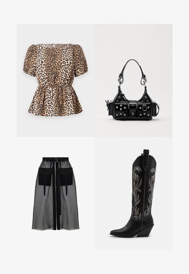 Leopárdmintás felső rövid puffos ujjakkal, előnyös derékrésszel és bővülő szegéllyel. Simogató tapintású anyagból készült, barna és bézs árnyalatokban.; Fekete áttetsző szoknya ráncolt derékrésszel, két nagy elülső zsebbel, derékpánttal és kör alakú fém díszítéssel.; Fekete bőr cowboy csizmák hegyes orral, wedge sarkakkal és ezüst hímzett virágmintákkal a szár mentén. Kontraszt varrás az egész csizmán.; Fekete bőr kézitáska ívelt designnal, ezüst szegecsekkel, csattal és két oldalsó zsebbel. Állítható vállpánt a hordozási lehetőségekhez.