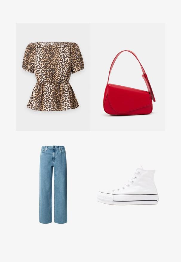 Blúzka s leopardím vzorom, krátkymi puff rukávmi, priliehajúcim pásom a rozšíreným spodným okrajom. Vyrobená z hladkej tkaniny v odtieňoch hnedej a béžovej.; Modré riflové široké nohavice s vysokým pásom, so šitými pútka na opasok, zipsom a rozstrapkanými okrajmi. Materiál má jemnú, hladkú textúru.; Biele vysoké plátené tenisky s čiernou gumovou podošvou, prednou gumovou špičkou a šiestimi okami na šnúrky, s čistým, minimalistickým dizajnom.; Červená kožená kabelka s ostrým, geometrickým dizajnom. Má jeden nastaviteľný popruh a uzatváranie na klopu so šitím.