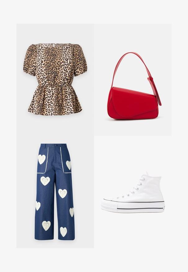 Zgornji del z leopardjim potiskom, kratkimi napihnjenimi rokavi, prilegajočim pasom in razširjenim robom. Izdelan iz gladkega materiala v odtenkih rjave in bež.; Sister Jane HEART TO HEART - Ravne kavbojke - blue denim; Beli visoki platneni športni čevelj z črnim gumijastim podplatom, sprednjim gumijastim zaščitnikom za prste in šestimi luknjicami za vezalke, ki se ponaša s preprostim, minimalističnim dizajnom.; Rdeča usnjena torba z angularnim, geometrijskim dizajnom. Ima en samostoječ nastavljiv ročaj in pokrov, zaprt z zapiranjem, ki je okrašen s šivi.
