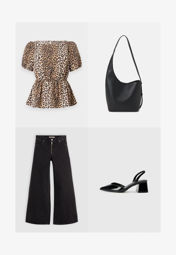 Leopard print top with short puff sleeves, a fitted waist, and a flared hem. Made of smooth fabric in shades of brown and beige.; Wide-leg jeans in black denim with a zippered front, five-pocket design, and subtle stitching details. Smooth texture and casual style.; Black patent leather slingback heels with a pointed toe and a geometric block heel. Features a sleek, minimal design and smooth texture.; Black leather hobo bag with a smooth texture, curved shape, and single adjustable strap; features a wide opening at the top.