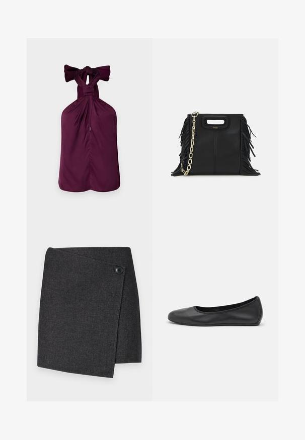 Fialový halter top s uvázanou mašlí na krku, s nařasenou tkaninou a rovnými lemy. Hladká textura s konstruovaným designem.; Tmavě šedá zavinovací sukně vyrobená z texturované tkaniny, s knoflíkovým zapínáním na levé straně a asymetrickým lemem.; Černé kožené baletní byty s kulatou špičkou, hladkou texturou, minimálními švy a flexibilním designem podrážky.; Černá kožená kabelka s třásněmi, zlatým řetízkovým ramenním popruhem a rukojetí s výřezem. Na přední straně se nachází logo.