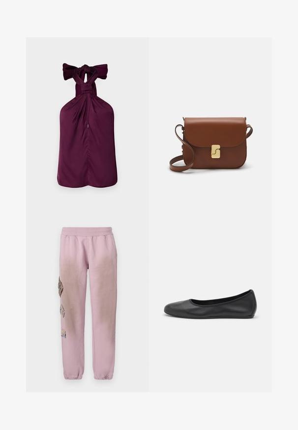 Ibolya színű pánt nélküli felső, nyakán megkötött masnival, ráncolt anyaggal és egyenes szegéllyel. Simás textúrájú, strukturált kialakítással.; Fehér, rövid ujjú póló ribbed anyagból. Kerek nyakkivágás, normál szabás és diszkrét varrási részletek. Nincsenek minták vagy grafikák.; Rózsaszín melegítőnadrág elasztikus derékkal, bal oldalon gyémánt alakú dekoratív foltokkal és elasztikus szárakkal az bokákon.; Fekete bőr balettcipő lekerekített orral, sima tekstúrával, minimális varrással és rugalmas talp kialakítással.; Barna bőr kézitáska, hajtókás zárással, arany színű fém kiegészítőkkel, vállpánttal és sima felülettel. Kompakt téglalap alakú.