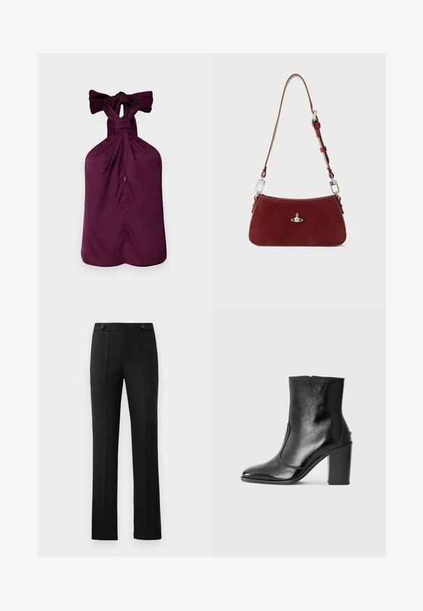 Violet halter top with a tied bow at the neck, featuring gathered fabric and a straight hem. Smooth texture with a structured design.; Black tailored trousers with a straight leg, two front pockets, a button closure, and pleat detailing on the front. Smooth fabric texture.; Black leather ankle boot with a smooth texture, pointed toe, and a chunky high heel. Features a side opening and minimalistic design.; Red suede shoulder bag with a curved shape. Features a silver-tone accent and adjustable strap with hardware detailing. Smooth texture.