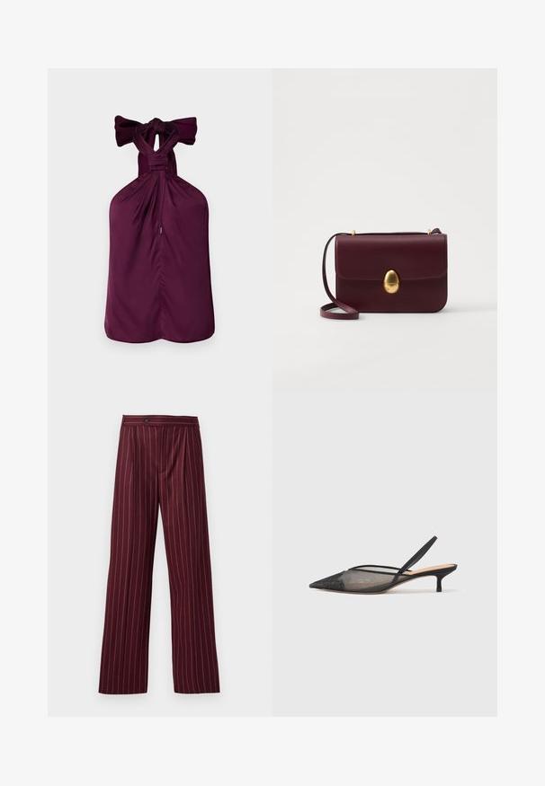 Violet halter top with a tied bow at the neck, featuring gathered fabric and a straight hem. Smooth texture with a structured design.; Burgundy wide-leg trousers with a pinstripe pattern, pleated front, and button closure, made from a smooth fabric with a structured design.; NEOUS IRENA - Classic heels - black; Burgundy leather crossbody bag with a smooth texture, oval gold clasp, and an adjustable strap, featuring a simple rectangular shape.