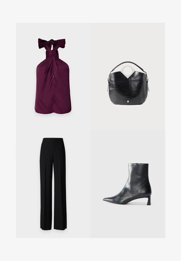 Lilla kaeluseta top, mis on seotud kaela ümber, featuring kogutud kangas ja sirge allserv. Sile tekstuur koos struktureeritud disainiga.; Mustad laiad püksid mustas värvitoonis, sujuva tekstuuri ja kõrge vöökoha ning keskmiste voldikutega. Ilma nähtavate mustrite või tarvikute detailideta.; Mustad mustall nahkasaabas terava nina ja stiilse disainiga. Omab madalat konts ja luku sulgemist taga. Sile tekstuur.; Must mustroosa nahast kott, millel on kõver kuju, ümmargune ülemine käepide ja hõbedane logo detail. Sile tekstuur ja märkimisväärne lõikekujunduse element.