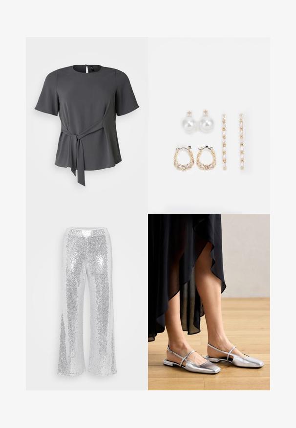 Šedá blůza s krátkým rukávem a kulatým výstřihem, se šňůrkou v pase a měkkým padáním. Má zapínání na knoflík na zadní straně a hladký povrch.; Stříbrné kalhoty s širokými nohavicemi a vysokým pasem pokryté flitry. Tkanina se blyští a odráží světlo, má hladkou, lesklou texturu.; Stříbrné kovové ploché boty se čtveratým špičkou, s páskem kolem paty a výřezy. Hladký povrch na dřevěné podlaze.; Tři páry náušnic: velké bílé perlové naušnice, zlaté kruhové naušnice s průhlednými drahokamy a dvě dlouhé, rovné zlaté naušnice s třpytivými detaily.